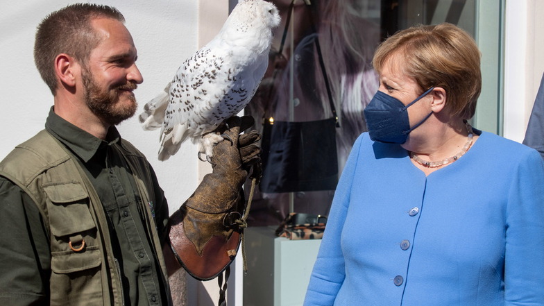 Angela Merkel (CDU) spricht mit Kay Deichfischer vom Zoo Stralsund .