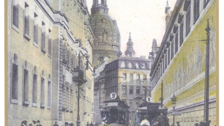 Das waren noch Zeiten, als um 1910 über die enge Augustusstraße zwischen Fürstenzug und Ständehaus die Straßenbahnen der Linie 9 fuhren.
