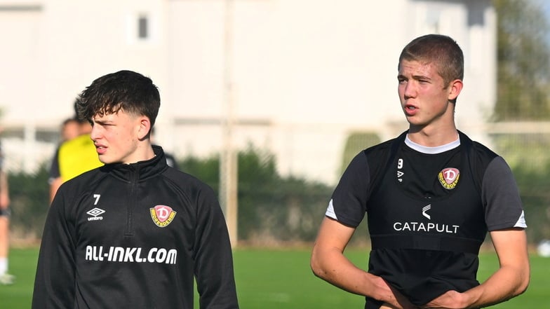 Zwei Talente für Dynamos Zukunft: Emil Zeil (links) und Dmytro Bohdanov, hier im Trainingslager im Januar in der Türkei, kamen bei der Niederlage gegen Verl zu ihrem Profidebüt in der 3. Liga.