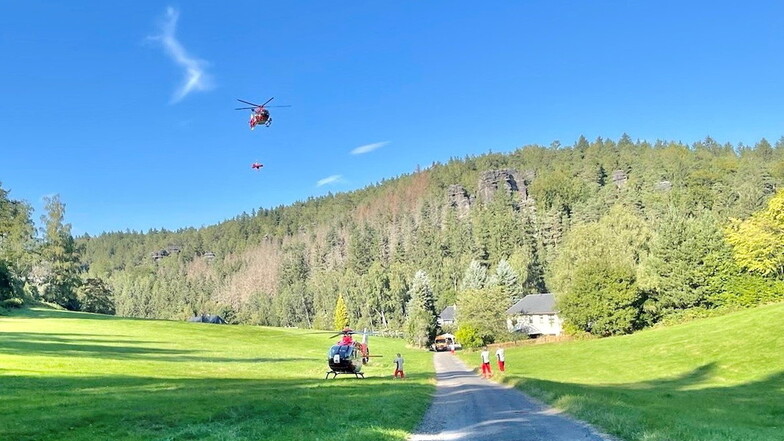 Patientenübergabe: Zwei Rettungshubschraubern auf der Wiese an der Ottomühle im Bielatal.