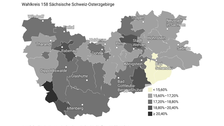 Zweitstimmen der CDU zur Bundestagswahl im Landkreis Sächsische Schweiz-Osterzgebirge.