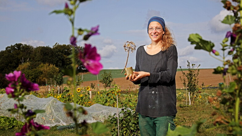 Ramona Kempf präsentiert auf dem Feld bei Neunickritz den Gründerinnenpreis. Neben der Trophäe gab es auch 5.000 Euro - die direkt wieder in die Solidarische Landwirtschaft investiert werden sollen.