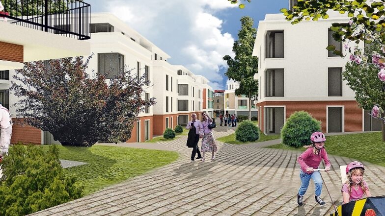 Einer der Entwürfe für das Glasinvest-Viertel an der Meißner Straße. Nach dem Beschlussvorschlag von Stadtrat Jan Mücke (FDP) sollte hier die Hälfte der Wohnungen an Einheimische vergeben werden.