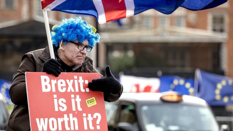 Ein Anti-Brexit-Demonstrant vor dem Parlament in London