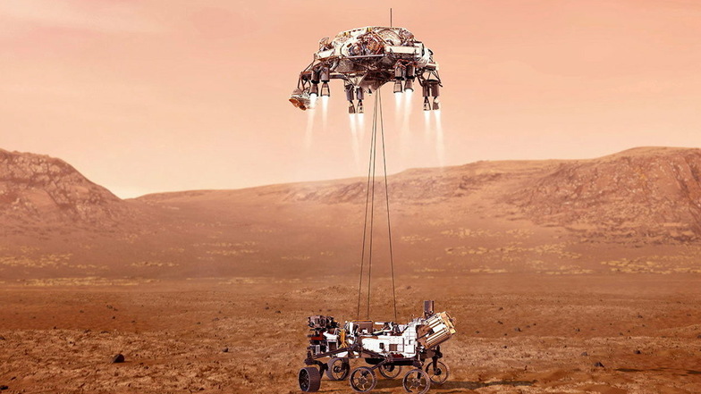 Die Illustration zeigt den Nasa-Rover "Perseverance" bei der Landung auf dem Mars.