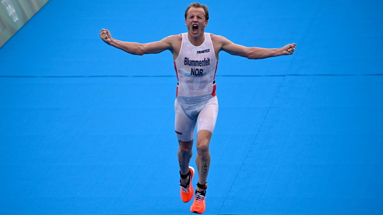 Im vergangenen Jahr jubelte Kristian Blummenfelt über seinen Sieg bei den Olympischen Spielen in Tokio. Feiern will er auch Anfang Juni 2022 - auf dem Lausitzring.