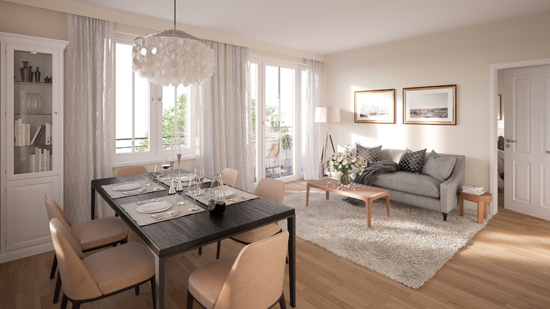 Sie erwartet ein modern ausgestattetes Wohnzimmer mit Balkon oder Terrasse, Fußbodenheizung und Parkettboden.
