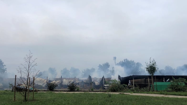 Mit einem Kran löschen die Kameraden der Feuerwehr den Brand in der Halle.