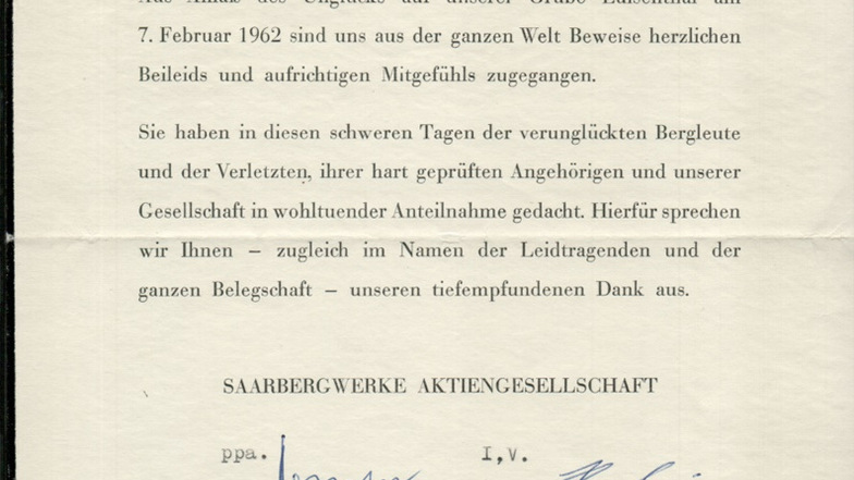 Dankesschreiben der Saarbergwerke Aktiengesellschaft für den Brief aus Lauta.