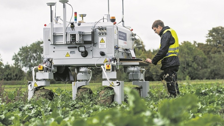 Ein Bosch-Mitarbeiter steht auf einem Feld neben dem Agrarroboter Bonirob. Die Roboter fahren von selbst über ein Feld und können dabei automatisch erkennen, welche Pflanze unter ihnen eine Nutzpflanze ist und was Unkraut.