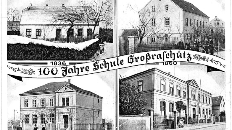 1936 zum 100-jährigen Jubiläum der Schule erschien diese Postkarte. Sie zeigt das erste Schulhaus ab 1836 auf dem Gelände des heutigen BTZ der Handwerkskammer an der Kleinraschützer Straße und die weiteren Standorte auf der Schulstraße.