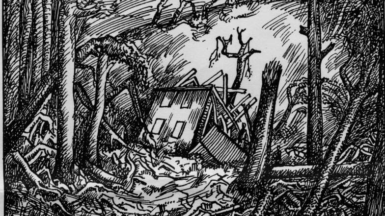 Zeitgenössische Darstellung der Sturmkatastrophe vom 29. Juli 1933 im Wilischgebiet.