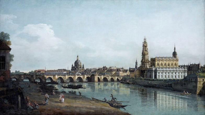 Das Gemälde von Bernardo Bellotto zeigt den bekannten Canaletto-Blick auf die Kuppel der Frauenkirche, die Hofkirche und die Augustusbrücke. Das Gemälde ist von 1748. Für die Kinderbiennale "Planet Utopia" wird es als Vorlage für verschiedene Zukunftsvisionen genutzt.