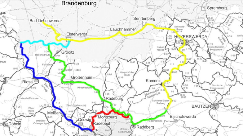 Röderradroute (grün), Elberadweg (blau), Elbe-Elster-Route (hellblau), die Sächsische Städteroute (rot) und der Schwarze-Elster-Radweg (gelb) sind gut vernetzt.