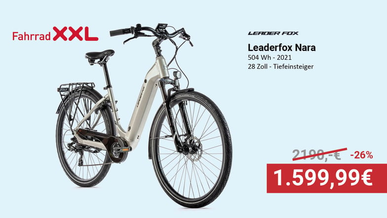 Sportives City-E-Bike mit Aluminiumrahmen, Federgabel, Scheibenbremsen und 28 Zoll Laufrädern vom tschechischen Fahrradhersteller Leaderfox.