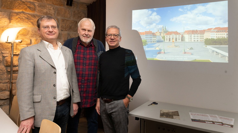 Unterstützung im Bürgerentscheid zum Neustädter Markt erhält GHND-Chef Torsten Kulke (l.) von Sänger Gunther Emmerlich (M.) und Architekt Ulrich Schönfeld.