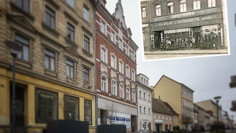 Die Hauptstraße 19 in Riesa (Mitte) hat eine bewegte Historie. In dem um die vorletzte Jahrhundertwende errichteten Bau befand sich einst das Kaufhaus Troplowitz (kl. Foto), dessen jüdische Besitzer von den Nazis verfolgt und ermordet wurden.