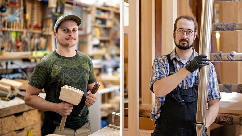 Tischler Martin Schurk (links) und Orgelbauer Konrad Hofmann aus dem Landkreis Bautzen sind seit Kurzem Gesellen. Sie lieben ihre handwerklichen Berufe.