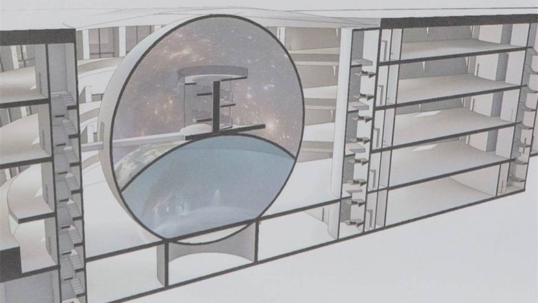 Dafür zeigt ein Querschnitt durch den Bau, wie verschiedene Ebenen mit einem kugelförmigen Planetarium kombiniert werden könnten.