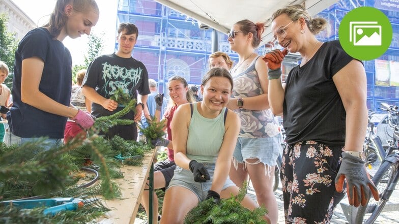 Jung und Alt trafen sich beim Rankewinden zum Kamenzer Forstfest auch diesmal wieder auf dem Markt: Unter anderem waren Nadine Schäfer, Leon Oehlmann, Leoni Anders, Emily Schulz , Celine-Florentine Bethke und Katja Kutzer (v.l.) bei 33 Grad mit am Start.