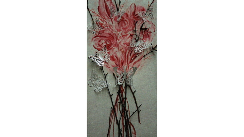 Blumenstrauß von Ursula Beyer, Ursula, 50x20 Zentimeter, Collage auf Leinwand, Mindestgebot: 50 Euro.
