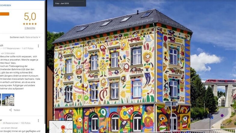 Das vom Leipziger Künstler Michael Fischer-Art bemalte Haus in Sebnitz ist ein Anlaufpunkt für Besucher. Ullrich Jentzsch hat es fotografiert, das Bild bei Google Maps hochgeladen und eine Rezension verfasst.