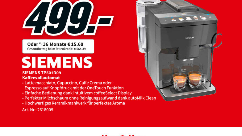 Der Siemens Kaffeevollautomat TP501D09 für nur 499€
