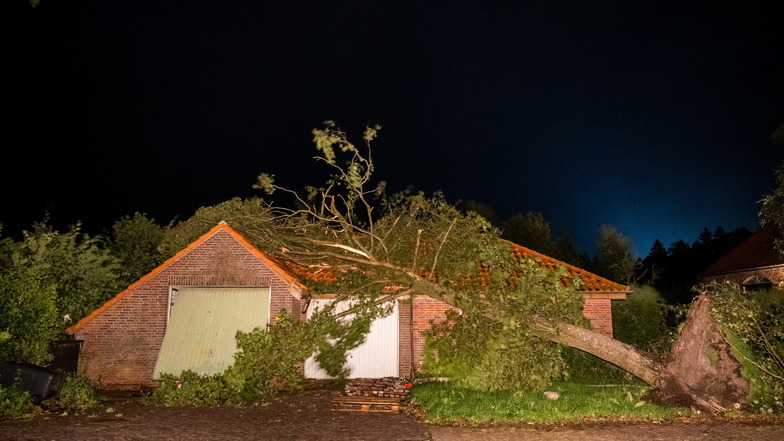 Niedersachsen, Berumerfehn: Ein umgewehter Baum hängt noch halb auf dem Dach eines Hauses.