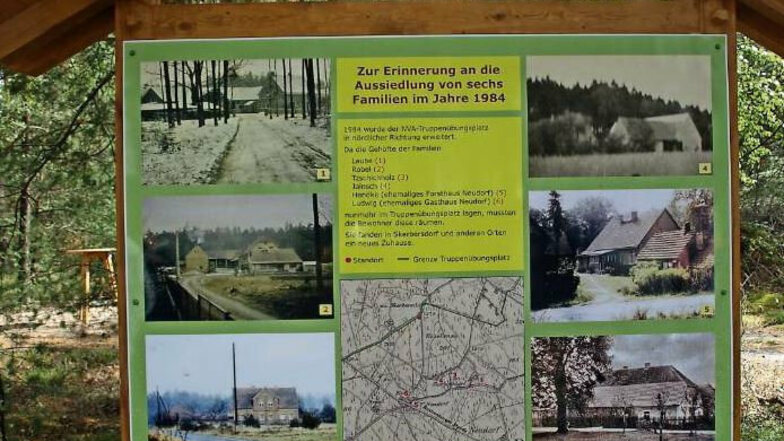 Die Erinnerungstafel am Rad- und Wanderweg alte Rothenburger Straße gibt Informationen in Wort und Bild über die letzten sechs Häuser von Neudorf samt Bewohnern.
