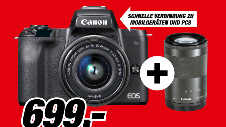 Canon EOS M50 Systemkamera mit Objektiv 15-45mm, 55-200mm für 699 Euro
