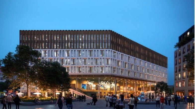 Der obere Bereich, die Metallteile, Fensterrahmen und einiges mehr am Ferdinandplatz sollen nun Bronze statt Braun werden.