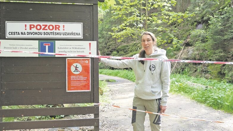 Dana Vébrová vom Nationalpark Böhmische Schweiz am Zugang zur Wilden Klamm durch den Soorgrund. Dieser Weg ist wegen Baumbruchs gesperrt.