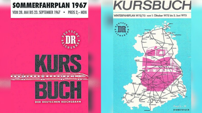 Alle halben Jahre legte die Deutsche Reichsbahn der DDR ihre Kursbücher für den Binnenverkehr auf. Bei der Gestaltung der Titelblätter (links Sommer 1967, rechts Winter 1973) ließ man sich immer wieder mal etwas Neues einfallen.