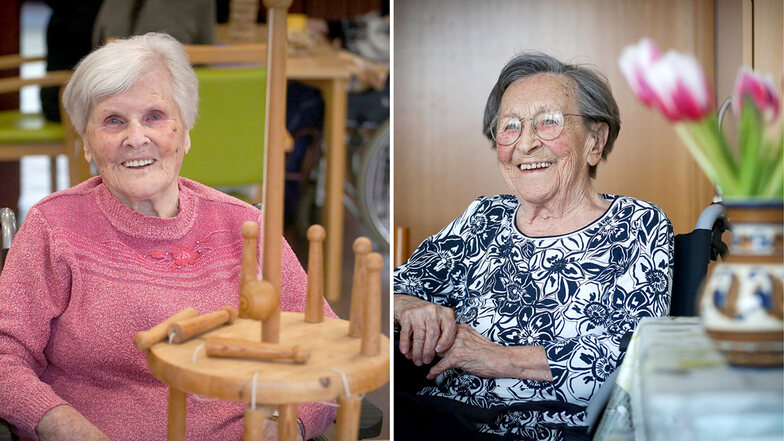 Auf 101 Lebensjahre kann Ella Schulze (l.) zurückblicken. Sie nimmt regelmäßig an den Aktivitäten - zum Beispiel dem Tischkegeln - im Seniorenzentrum Pulsnitztal in Pulsnitz teil. Dort lebt auch Ilse Charfreitag, die 102 Jahre alt ist.