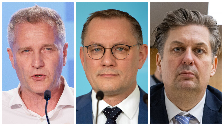 In der Affäre um eine prorussische Desinformationskampagne steht die AfD-Spitze nach Angaben des Bundesvorsitzenden Tino Chrupalla (m) vorerst weiter hinter den beiden Parteikollegen Petr Bystron (l) und Maximilian Krah (r).