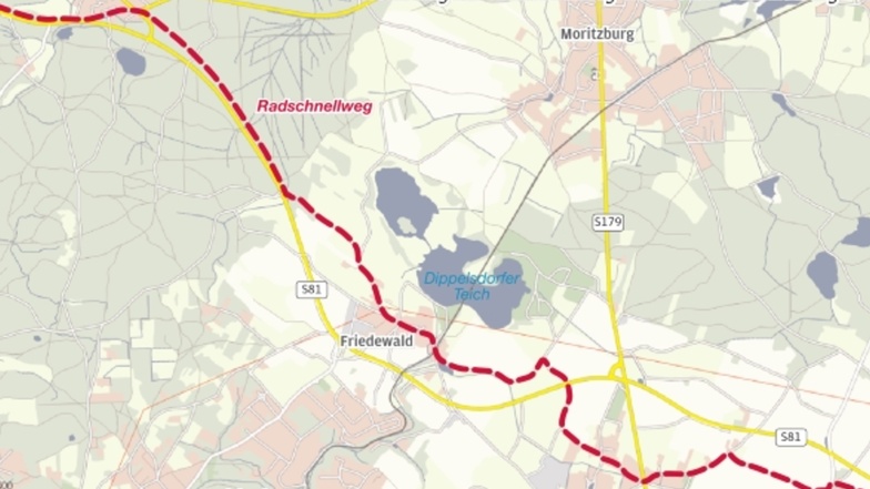 Mögliche Routenführung   für einen Radschnellweg Weinböhla – Moritzburg – Dresden.