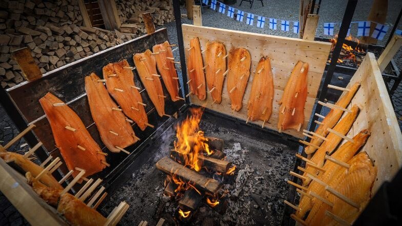 Bei der traditionellen Zubereitungsart von Flammlachs, die vor allem in skandinavischen Ländern beliebt ist, wird der Lachs direkt über offener Flamme oder Glut geräuchert und gegart. Typischerweise wird der Lachs an einem Holzbrett befestigt und mit Gewü