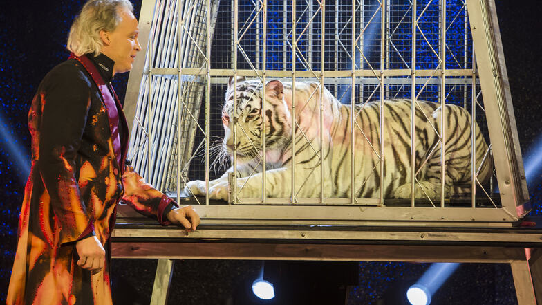 Zum Finale holte Sarrasani auch Kaya zurück auf der Bühne. Die Tigerdame gehört wieder zur Show.