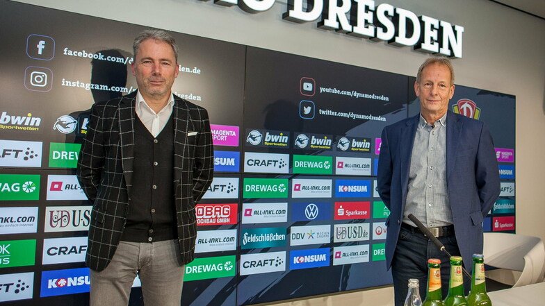 Jürgen Wehlend (l.) wird als neuer kaufmännischer Geschäftsführer bei Dynamo Dresden vorgestellt. Aufsichtsratschef Jens Heinig spricht vom Beginn einer neuen Ära.