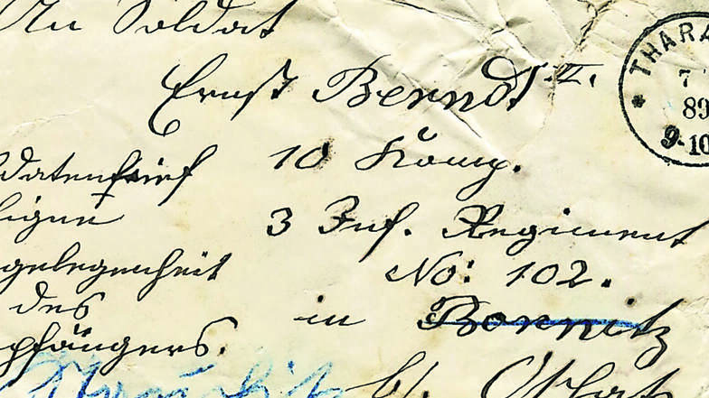 Nur mit einer Regiments- und Ortsangabe erreichte der in Tharandt am 7. September 1889 aufgegebene Soldatenbrief noch am gleichen Tag seinen Empfänger.
