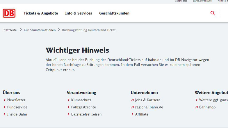Die Deutsche Bahn blendet eine Fehlermeldung ein, da die Seite durch den Verkauf des Deutschlandtickets gestört ist.