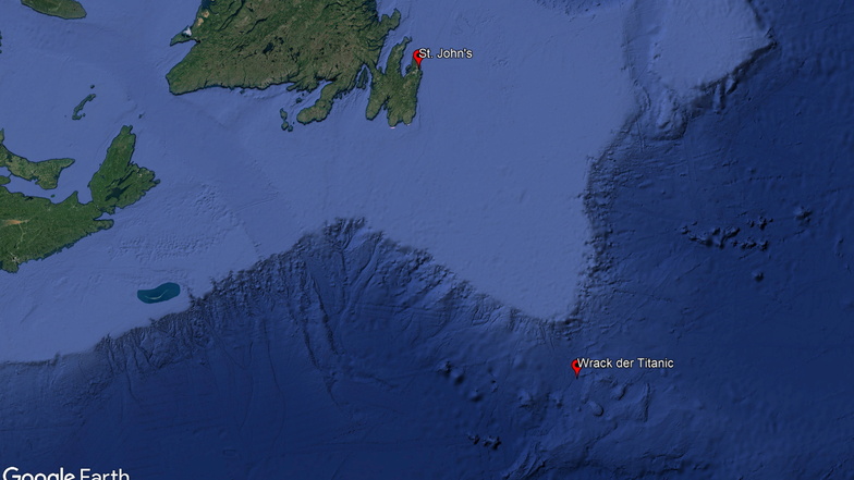 Das mit Google Earth Pro erstellte digitale Höhenmodell der Erde zeigt das Wrack der "Titanic» im Atlantik.