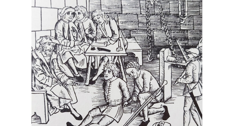 "Vorbereitung der Folter" Holzschnitt aus der Bambergensis, Ausgabe 1580