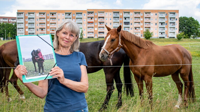 Gundula Schulze mit einem Foto ihres Pferdes auf der Weide in Döbeln Nord - das junge Tier ist aber gerade in einem anderen Stall untergestellt. Mit anderen Döbelnern drängt sie darauf, dass die Pferdekoppel nicht verkauft und mit Häusern bebaut wird.