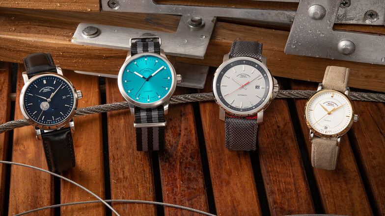 Diese vier Neuheiten präsentiert der Uhrenhersteller Mühle auf der Messe in München. Links ist die Teutonia IV BlueMoon zu sehen.