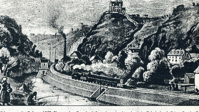 Abbildung aus der Zeit um 1865: Plauenscher Grund mit Begerburg (rechts oben). Im Tal der landwärts rollende Zug der Albertsbahn, die 1855 den Betrieb aufnahm. Nach einer Lithographie von Williard und Zöllner.