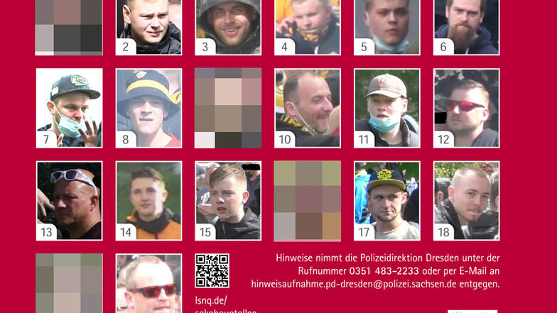 Nach den Krawallen rund um den Aufstieg von Dynamo Dresden sucht die Polizei jetzt nach diesen Tatverdächtigen. Die Identitäten der Gesuchten bei verpixelten Abbildungen sind bereits bekannt.