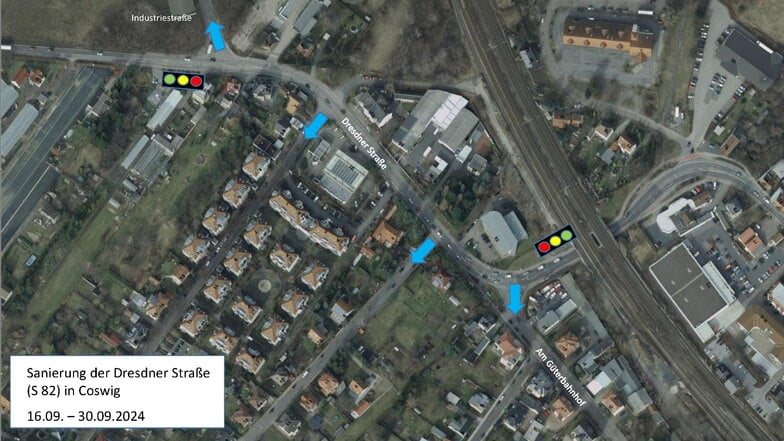 Zu sehen ist die Verkehrsregelung in Coswig mit Ampeln und Einbahnstraßen vom 16. bis 30. September 2024.