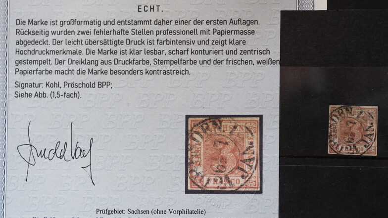 Eine echte Sachsendreier-Briefmarke und das zugehörige Attest.