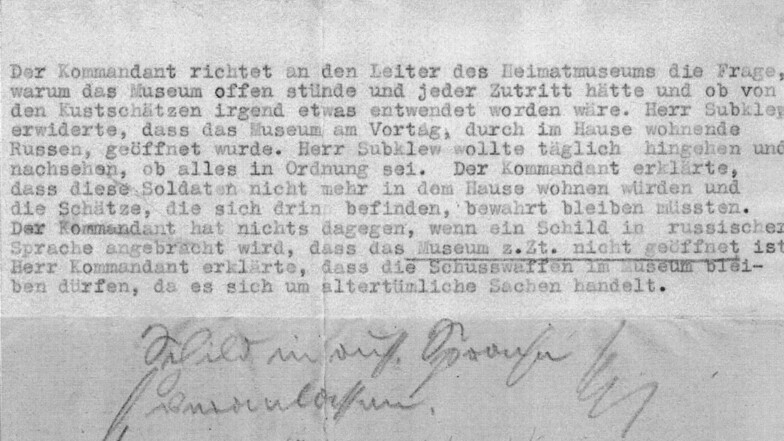 Dieses Schreiben von einer Besprechung mit dem sowjetischen Stadtkommandanten vom 24. 7. 1945 ist ein Beleg für die Waffensammlung des Radeburger Museums.